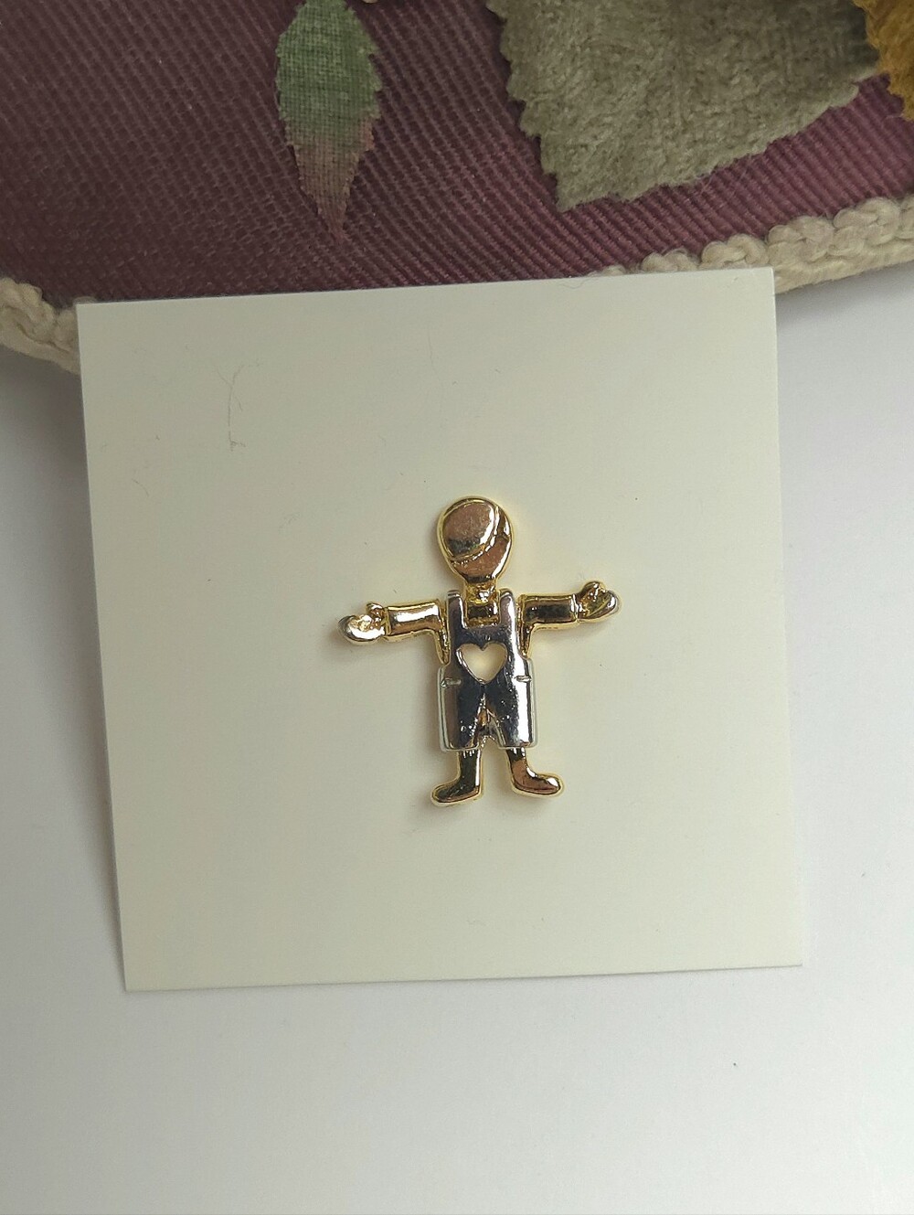 Gold & Silver Tone Boy with Cut Out Heart Overalls Mothers Lapel Pin Vintage